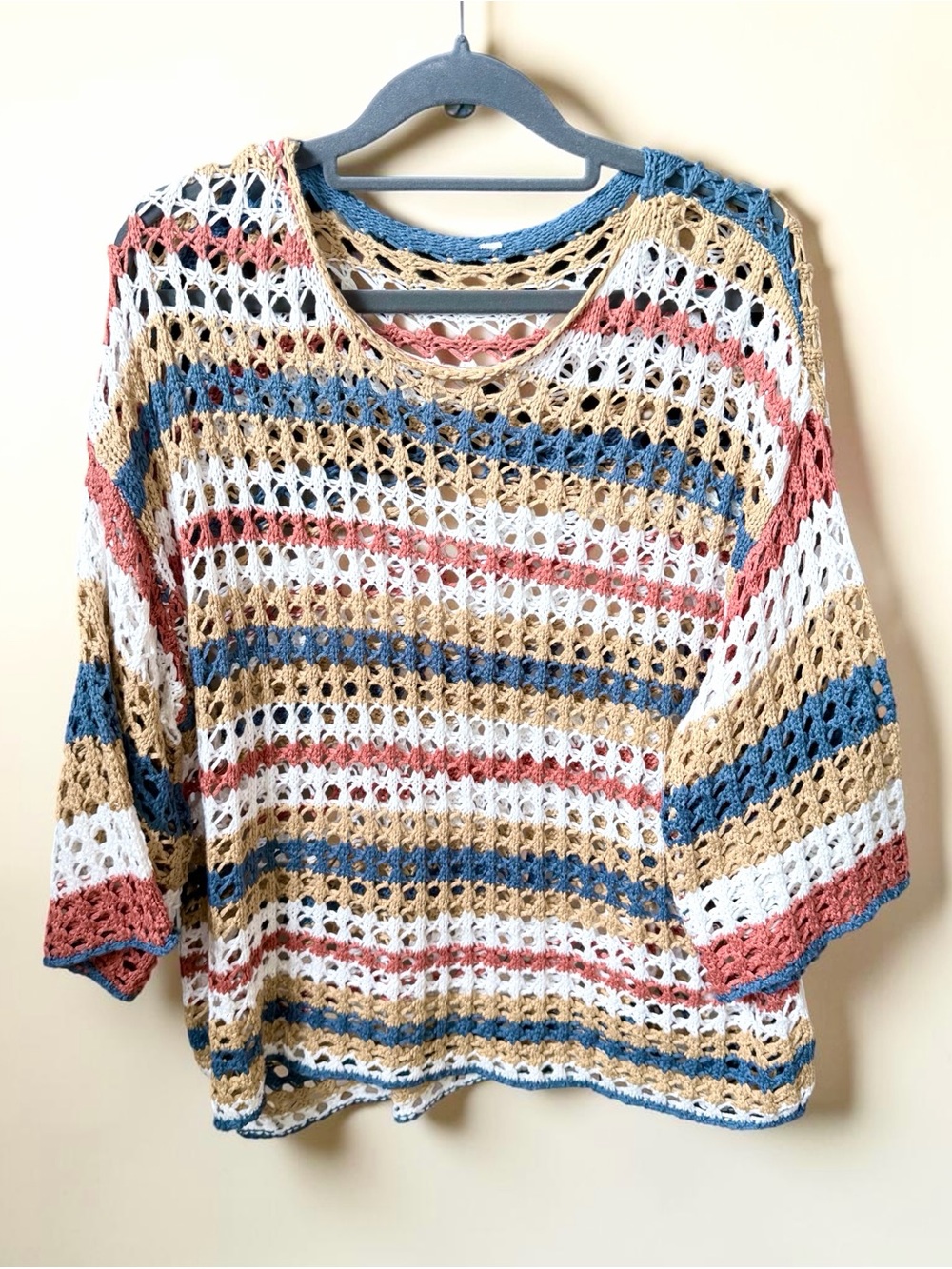 Boho Coastal Crochet Open Knit Sweater Beach Cover Up Size M
